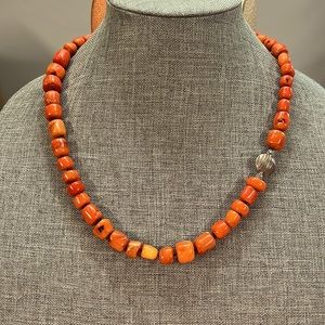 Vintage Peyote Bird Orange Coral Chunks Necklace Sterling Silver